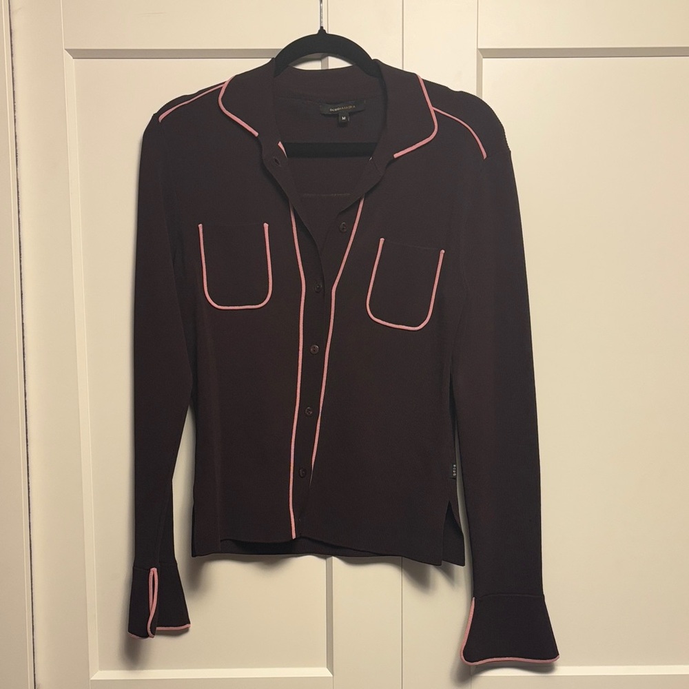 Women's Deep Purple Button-Up Top with Pink Trim
